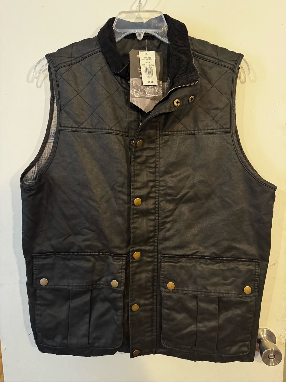 Men's Black Coated/Waxed Quilted Utility Vest with Stand Collar - New With Tags